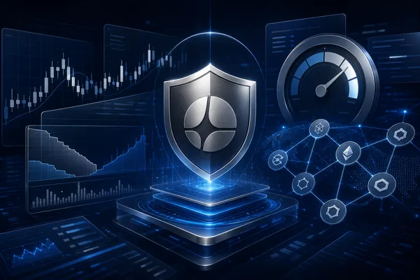 Aster decentralized exchange illustration with trading charts, leverage gauge, multi-chain network, and privacy shield