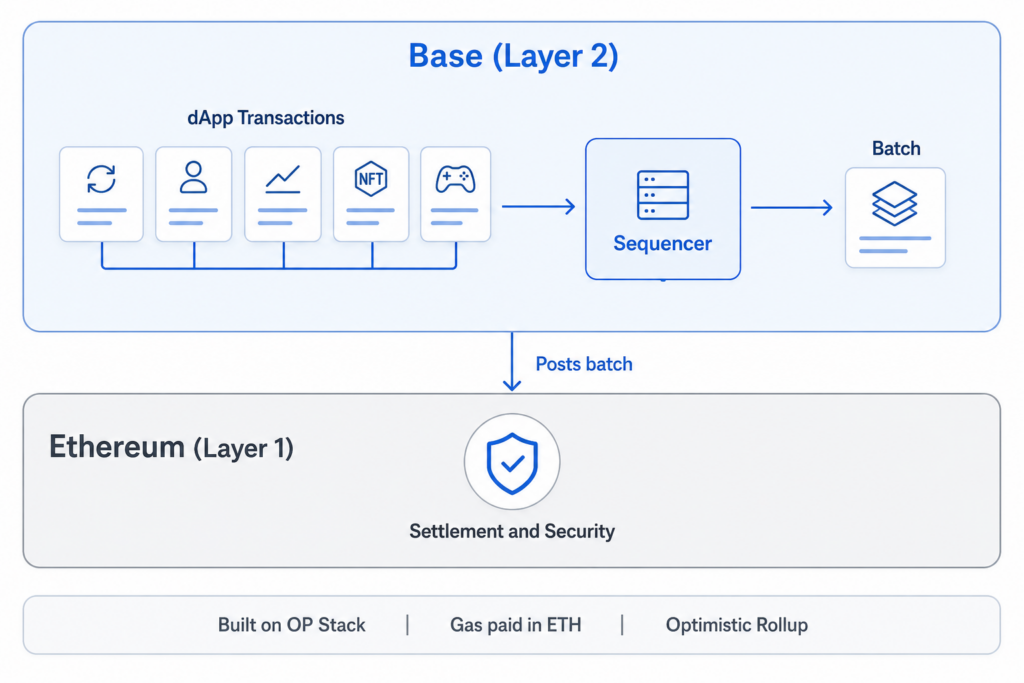 Hoe Base werkt: dApp-transacties worden door de sequencer op Base Layer 2 gebundeld en op Ethereum Layer 1 geplaatst voor afwikkeling en veiligheid