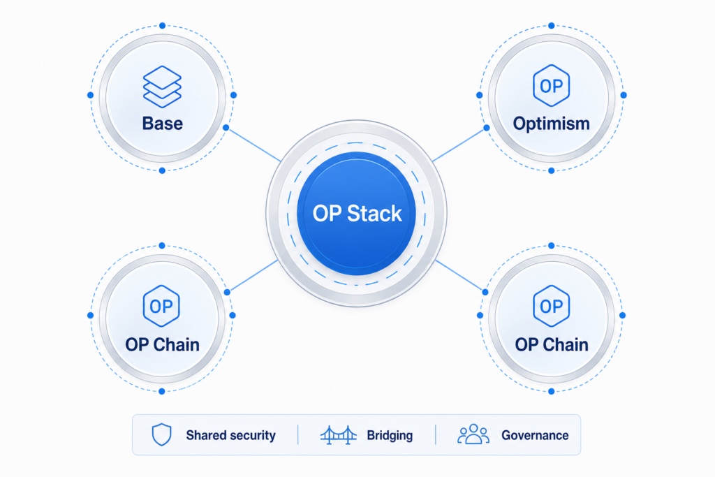 Base in de Optimism Superchain: Base, Optimism en andere OP Chains, allemaal gebouwd op de gedeelde OP Stack met gemeenschappelijke veiligheid, bridging en governance
