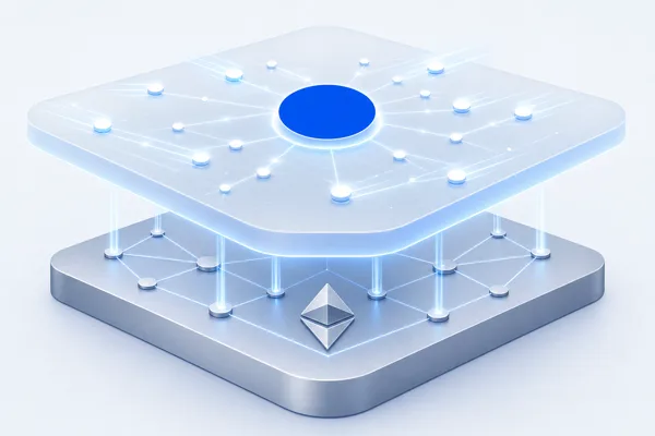 Base Ethereum Layer 2 concept: a Base scaling layer with transaction nodes built on top of the Ethereum foundation