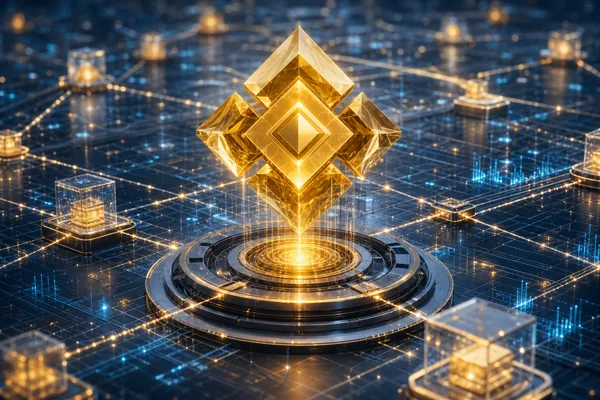 Golden Binance Coin BNB token at the center of a glowing blockchain network