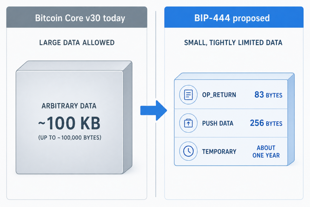Vergelijking: Bitcoin Core v30 staat ongeveer 100 KB willekeurige data toe, terwijl BIP-444 OP_RETURN tot 83 bytes en push-data tot 256 bytes zou beperken, tijdelijk voor ongeveer een jaar