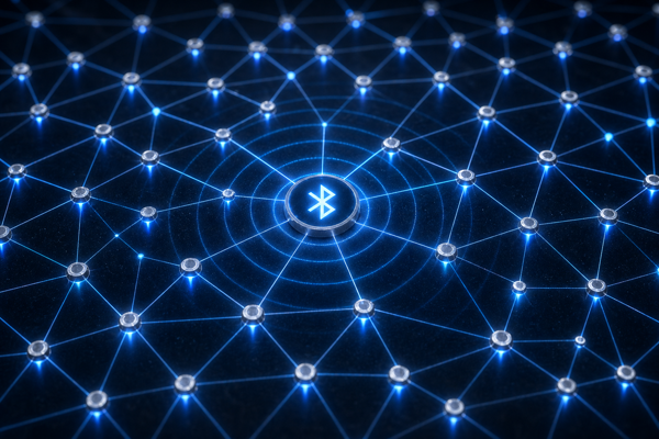 Illustration of a Bluetooth mesh network of connected nodes representing BitChat decentralized messaging