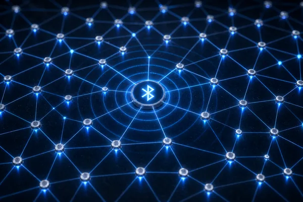 Illustration of a Bluetooth mesh network of connected nodes representing BitChat decentralized messaging