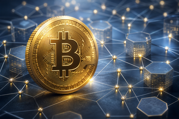 Golden Bitcoin coin set within a glowing blockchain network of connected nodes and hexagonal blocks.