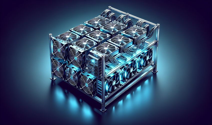 Cryptocurrency mining rig with multiple GPUs used for Proof of Work blockchain mining