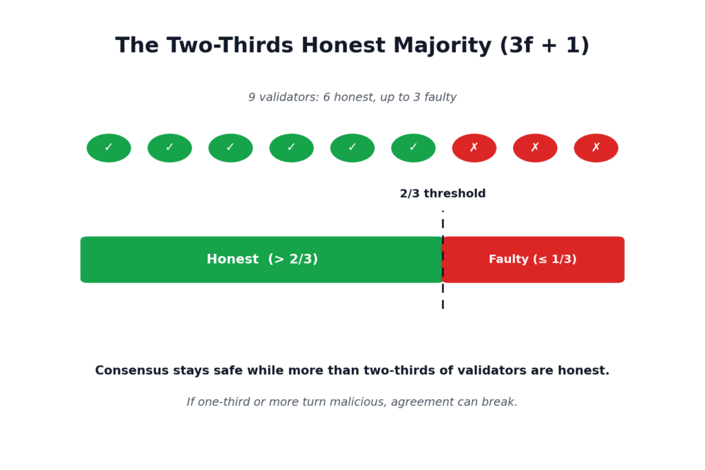 Diagram of the two-thirds honest majority rule (3f+1): consensus stays safe while more than two-thirds of validators are honest and up to one-third can be faulty