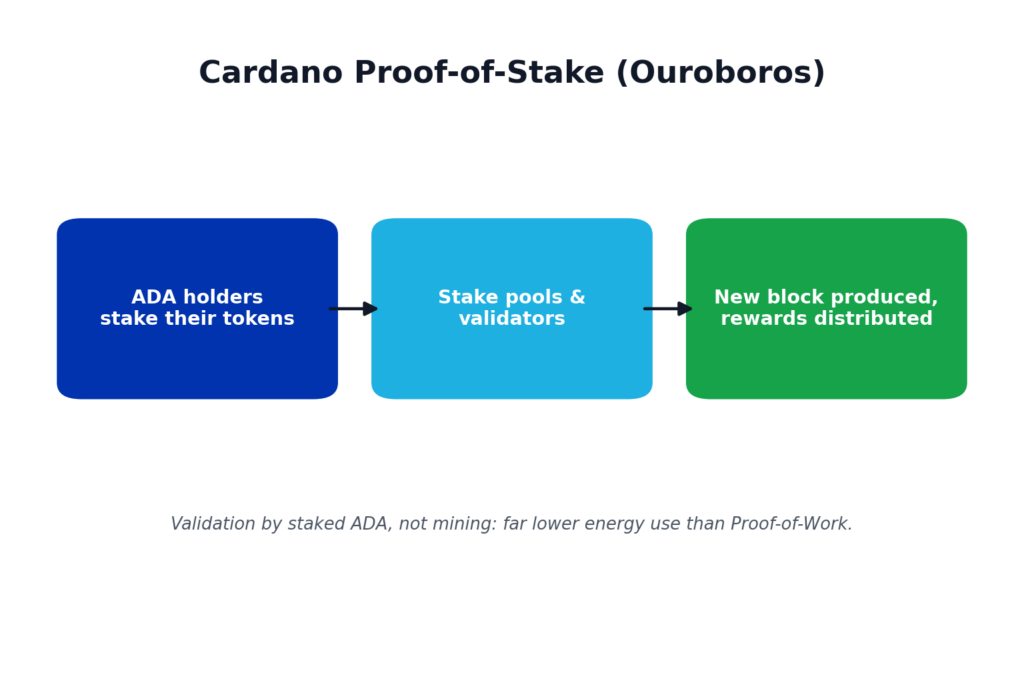Flow of Cardano's Ouroboros Proof-of-Stake: ADA holders stake tokens, stake pools and validators process them, then a new block is produced and rewards distributed