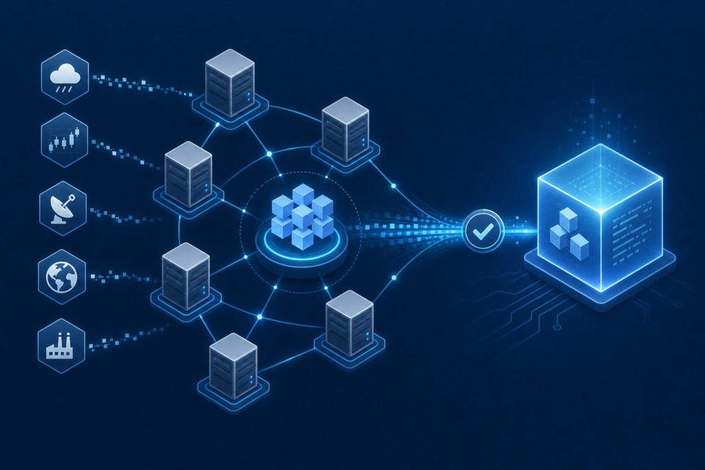 Diagramm, das zeigt, wie ein Chainlink-Oracle-Netzwerk externe Daten sammelt, aggregiert und an einen Smart Contract liefert