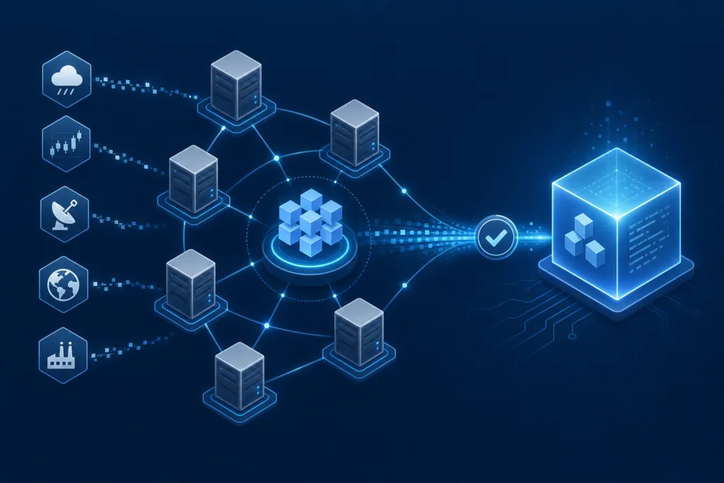 Diagram showing how a Chainlink oracle network collects, aggregates, and delivers external data to a smart contract