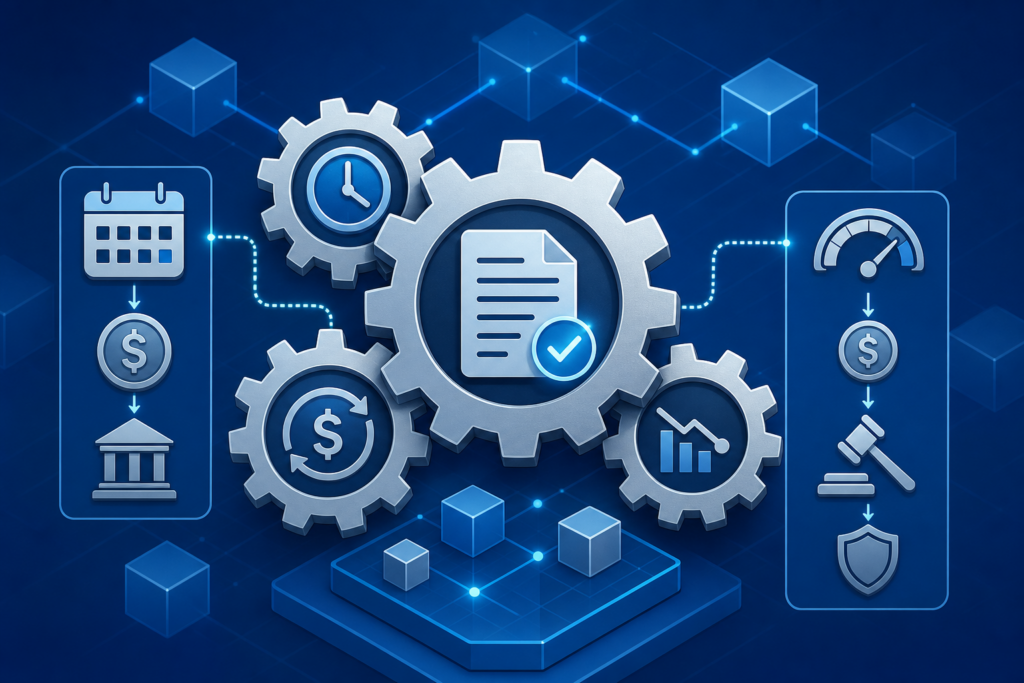 Illustration der Chainlink-Smart-Contract-Automatisierung, die geplante Zahlungen und Liquidationen auslöst