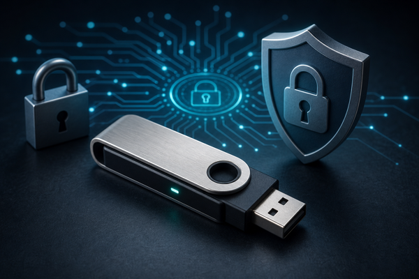 A hardware wallet device representing cold storage cryptocurrency security