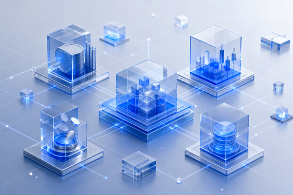 Abstract illustration of interconnected DeFi building blocks representing lending, trading and yield protocols