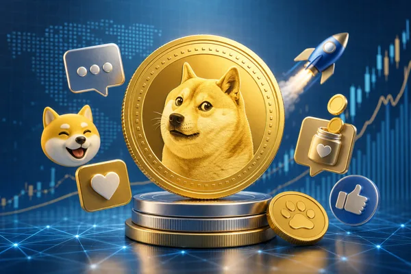 Gold Dogecoin coin with a Shiba Inu motif surrounded by community and internet-culture symbols