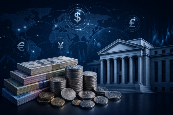 Illustration representing fiat currency: paper banknotes and a central bank building