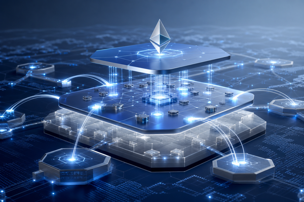 Abstract illustration of an Ethereum Layer 2 blockchain layered above a base chain, connected by glowing bridges