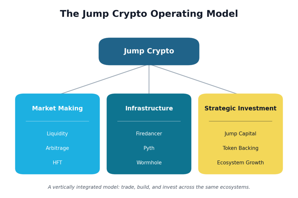 Diagramm des Betriebsmodells von Jump Crypto: ein zentraler Jump-Crypto-Kern, verbunden mit drei Säulen (Market Making, Infrastruktur und strategische Investitionen) mit ihren Komponenten