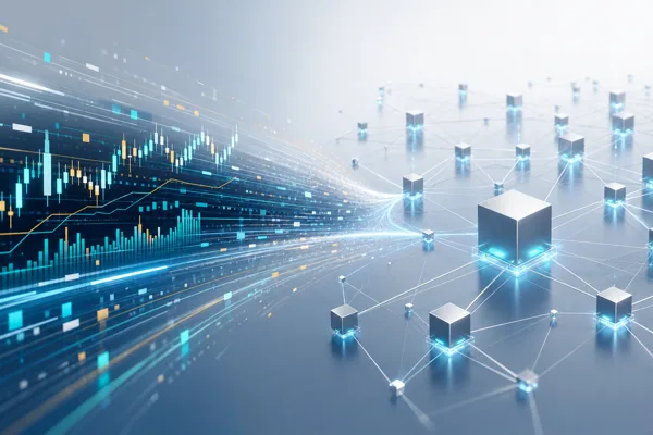 Illustration of high-frequency market-data streams flowing into a connected blockchain node network, representing Jump Crypto