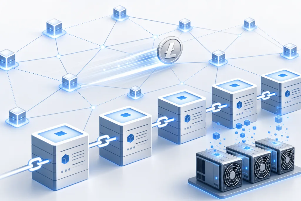 Diagram of the Litecoin blockchain network with linked transaction blocks and mining hardware