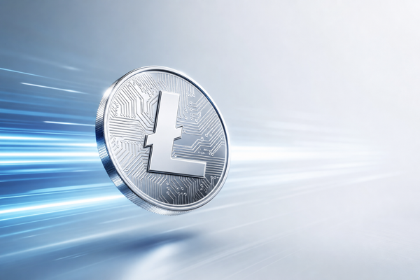 Silver Litecoin coin with circuit engraving and motion streaks representing fast low-cost payments