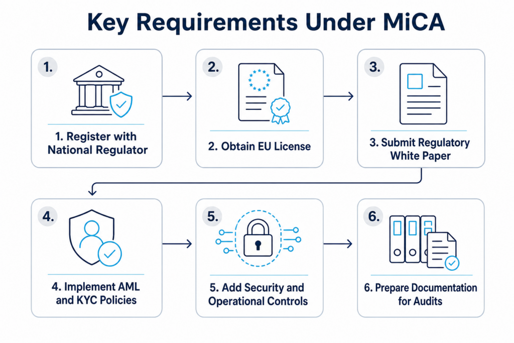 Stroomschema in zes stappen van de belangrijkste MiCA-vereisten voor cryptobedrijven: registratie, vergunning, whitepaper, AML en KYC, beveiligingscontroles, auditdocumentatie