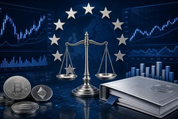 EU stars, justice scales, a rulebook and derivative charts representing MiFID II, the EU regulation behind crypto derivatives