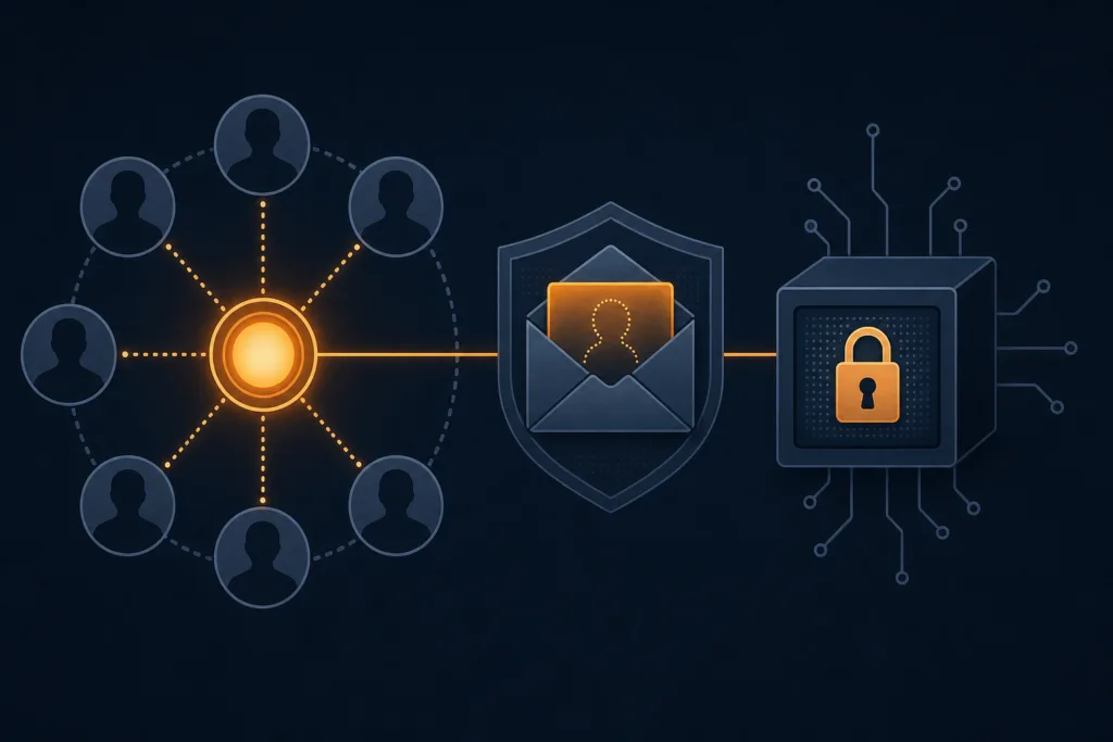 Monero-Datenschutztechniken: Ring-Signaturen, Stealth-Adresse und verschlüsselter Betrag als Netzwerkdiagramm