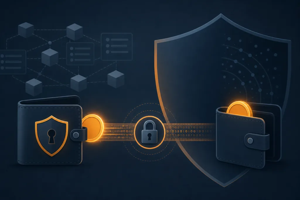 Zwei abgeschirmte Wallets tauschen Monero über einen verschlüsselten Kanal aus, mit einem verblassten öffentlichen Ledger hinter einem Datenschutzschild