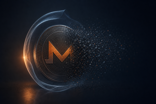 Dark Monero coin dissolving into particles behind a privacy shield, representing untraceable transactions