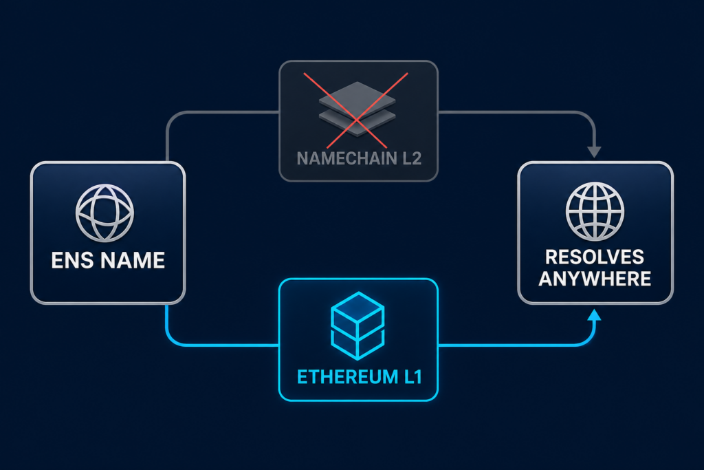Diagramm, das den eingestellten Namechain-Layer-2-Pfad durchgestrichen zeigt, während ENS-Namen über Ethereum Layer 1 aufgelöst werden