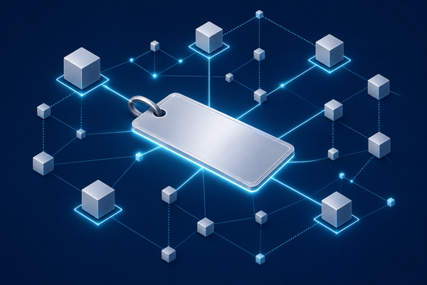 Silver name tag connected across a network of blockchain nodes