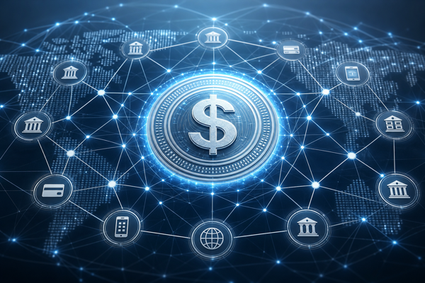 Abstract digital US dollar stablecoin coin linked to a network of bank and payment icons