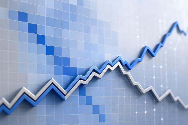 Two crypto asset line graphs moving in parallel then diverging over a blue correlation matrix grid