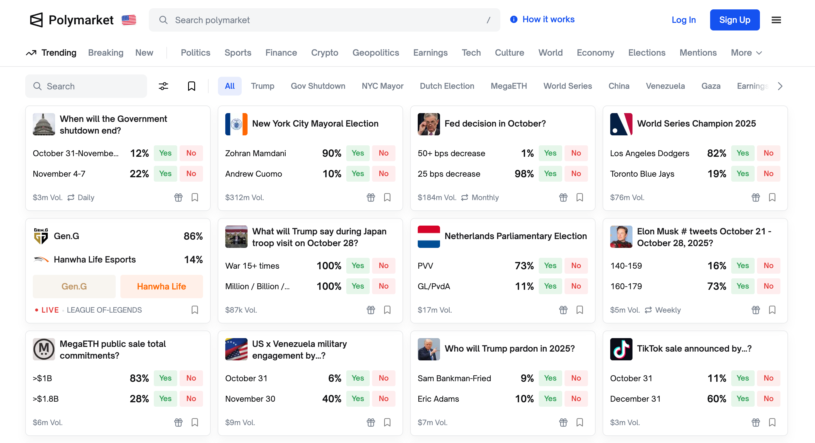 Polymarket-Startseite mit live trendenden Prognosemärkten zu US-Politik, Sport und Krypto, jeweils mit Yes- und No-Preisen