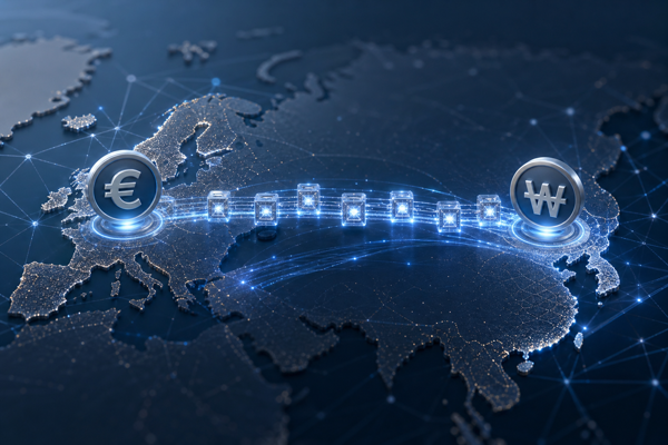 Abstract blockchain network bridging Europe and South Korea for cross-border currency settlement