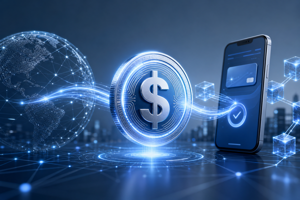 Digital US dollar stablecoin token moving across blockchain payment networks