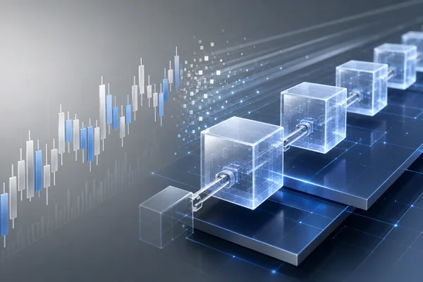 Stock market candlestick chart merging into a chain of blockchain cubes, illustrating Robinhood Chain bringing tokenized stocks onto an Ethereum Layer 2