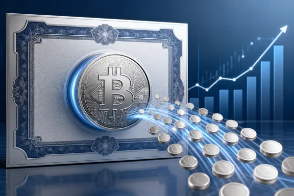 Illustration of a Bitcoin-backed preferred stock paying daily dividends with a stream of coins and rising chart lines