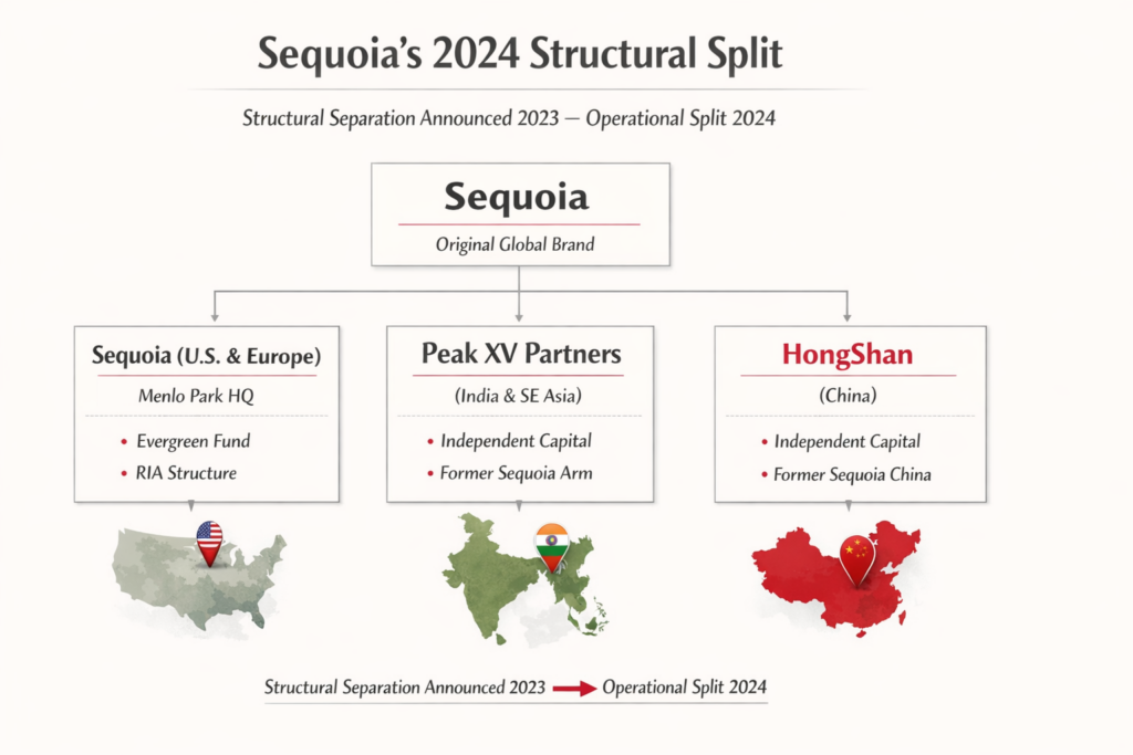 Diagram of Sequoia Capital's 2024 structural split into Sequoia (US and Europe), Peak XV Partners (India and Southeast Asia), and HongShan (China)