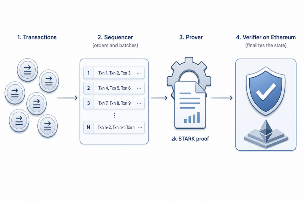 StarkNet-Architektur-Pipeline: Transaktionen laufen über den Sequencer und Prover zu einem Verifier auf Ethereum