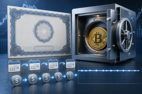 Illustration of a Bitcoin-backed preferred stock certificate beside a vault holding a golden Bitcoin coin with recurring dividend payment markers