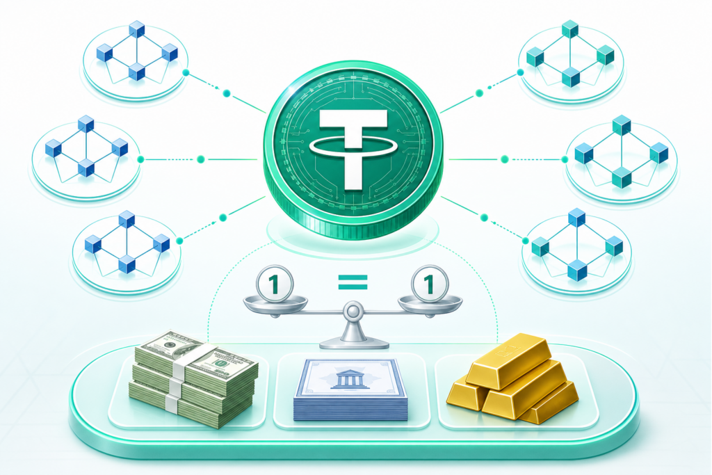 Diagram showing USDT connected to multiple blockchain networks and backed 1:1 by reserve assets such as cash, treasury bills, and gold