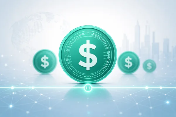 A green USDT dollar coin with smaller dollar tokens behind it, representing the Tether stablecoin pegged to the US dollar