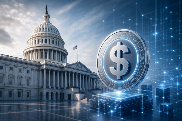 US Capitol building beside a glowing digital dollar stablecoin token on a blockchain ledger grid