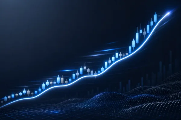 A smooth glowing moving-average line tracking upward crypto candlestick price bars