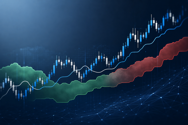 Stylized candlestick crypto chart with a green and red Ichimoku cloud band behind the price