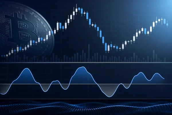 Crypto price chart with a momentum oscillator panel showing a wavy line crossing a horizontal centerline