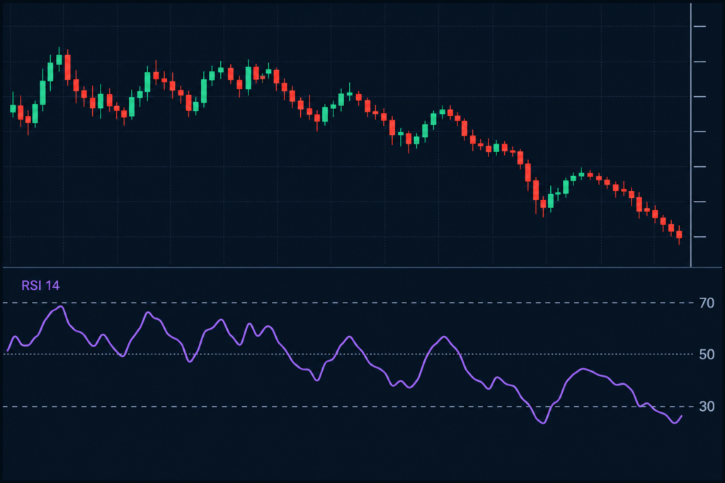 Candlestick-koersgrafiek met RSI-oscillator eronder