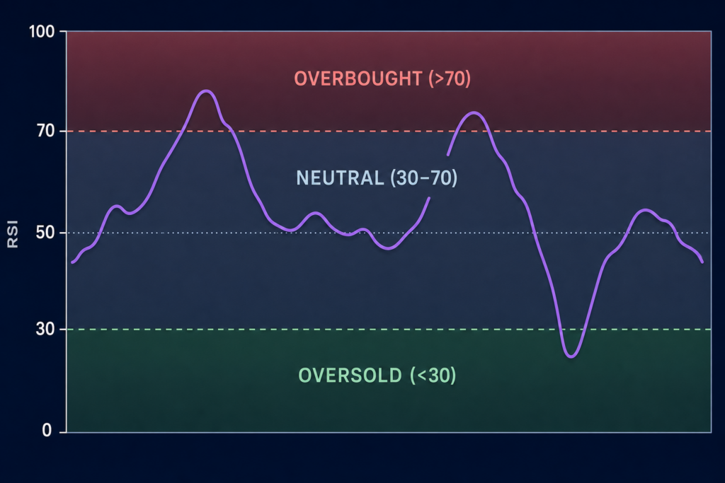 De drie RSI-zones overbought, neutraal en oversold uitgelegd