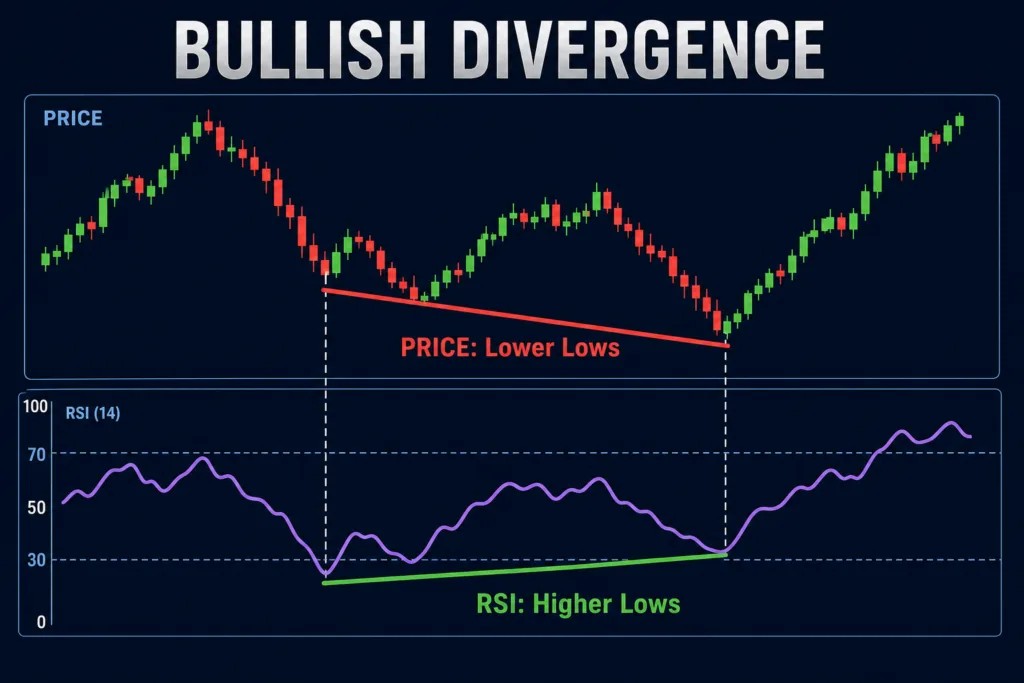 Bullische Divergenz: Kurs bildet tiefere Tiefs, während der RSI höhere Tiefs bildet